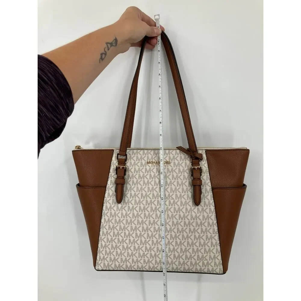 Michael Kors Cream Brown Vanilla Gold Monogram Charlotte Large TZ Tote Bag Purse